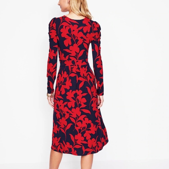 Boden Red and Navy Floral Abstract Print Midi Soft Jersey Dress. Size 8R - Picture 2 of 9
